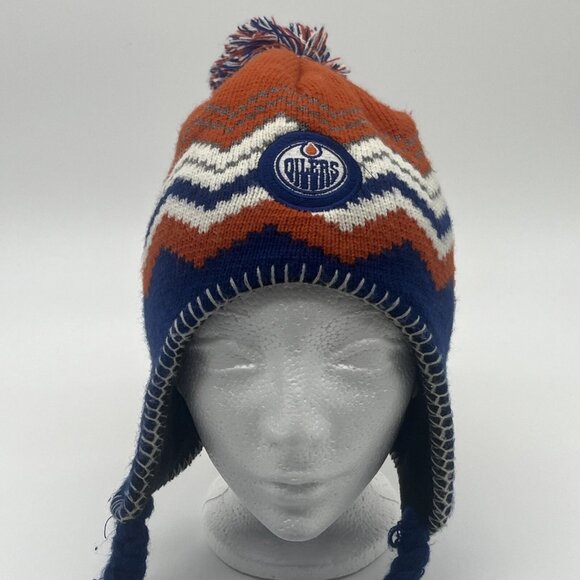 Edmonton Oilers Beanie Trapper Hat Winter Ski Tassels Old Time Hockey Knit Cap - Picture 3 of 10